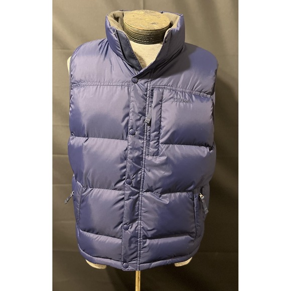 L.L. Bean Down Puffer Vest Mens Medium Navy Fleece Lined Goose Down Snap Pockets